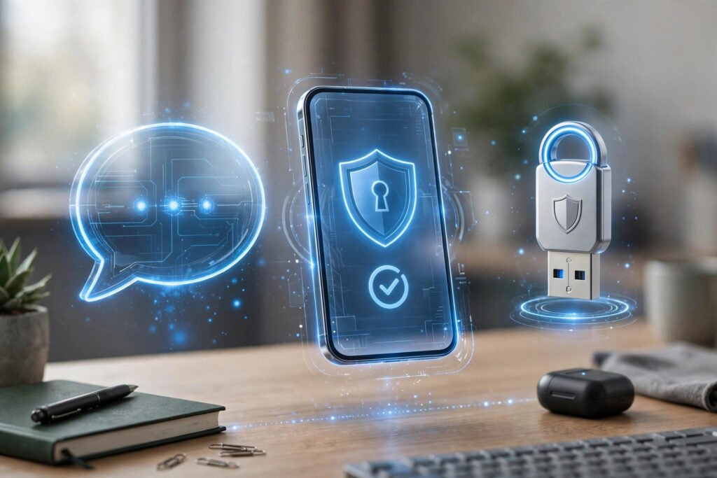 Vergleich der 2FA-Methoden: SMS, Authenticator-App und Sicherheitsschlüssel.