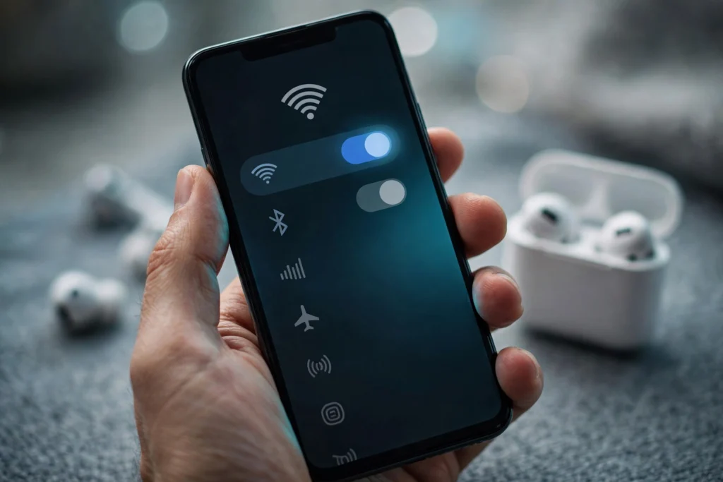 Smartphone mit Bluetooth-Einstellungen und AirPods
