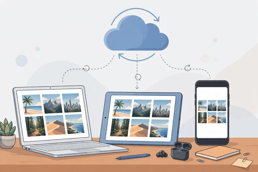 Illustration: Cloud-Synchronisation über Laptop, Tablet und Smartphone