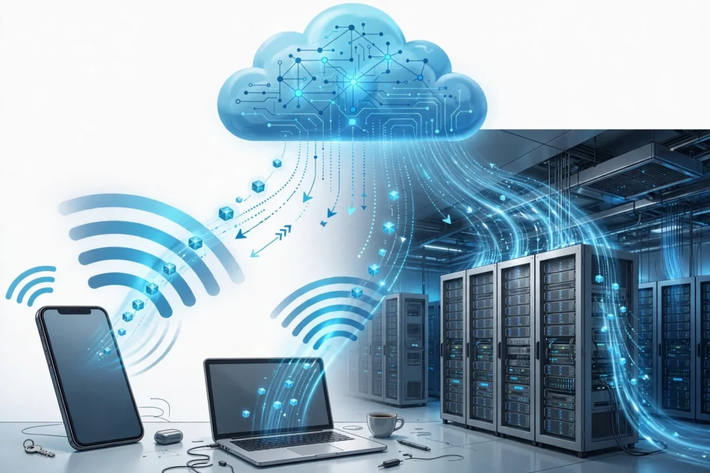 Grafik: Dateien werden von Smartphone und Laptop in die Cloud hochgeladen