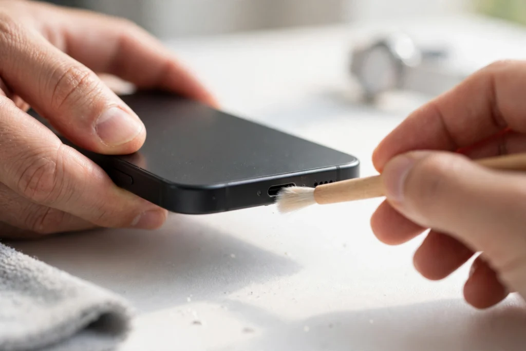 iPhone Ladebuchse vorsichtig mit weicher Bürste reinigen