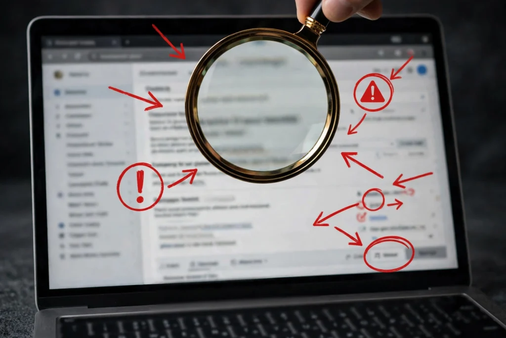 Warnsignale einer Phishing-E-Mail: Absender prüfen, Links kontrollieren, Dringlichkeit beachten