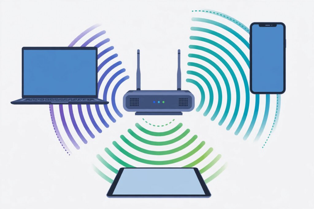 Wie WLAN funktioniert: Router sendet Funkwellen an Smartphone, Laptop und Tablet