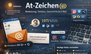 At-Zeichen (@) Infografik mit deutscher QWERTZ-Tastatur, E-Mail-Beispiel und Hinweis auf Alt Gr + Q sowie Geschichte von 1971.