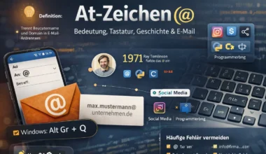 At-Zeichen (@) Infografik mit deutscher QWERTZ-Tastatur, E-Mail-Beispiel und Hinweis auf Alt Gr + Q sowie Geschichte von 1971.