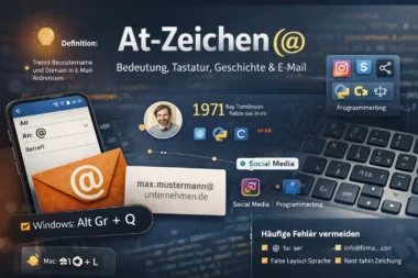 At-Zeichen (@) Infografik mit deutscher QWERTZ-Tastatur, E-Mail-Beispiel und Hinweis auf Alt Gr + Q sowie Geschichte von 1971.