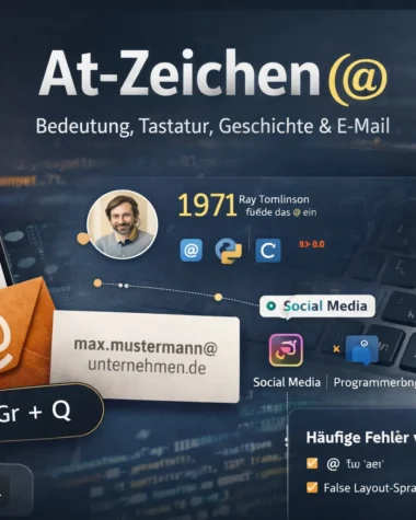 At-Zeichen (@) Infografik mit deutscher QWERTZ-Tastatur, E-Mail-Beispiel und Hinweis auf Alt Gr + Q sowie Geschichte von 1971.