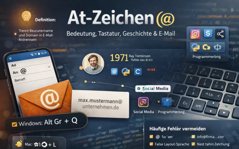 At-Zeichen (@) Infografik mit deutscher QWERTZ-Tastatur, E-Mail-Beispiel und Hinweis auf Alt Gr + Q sowie Geschichte von 1971.