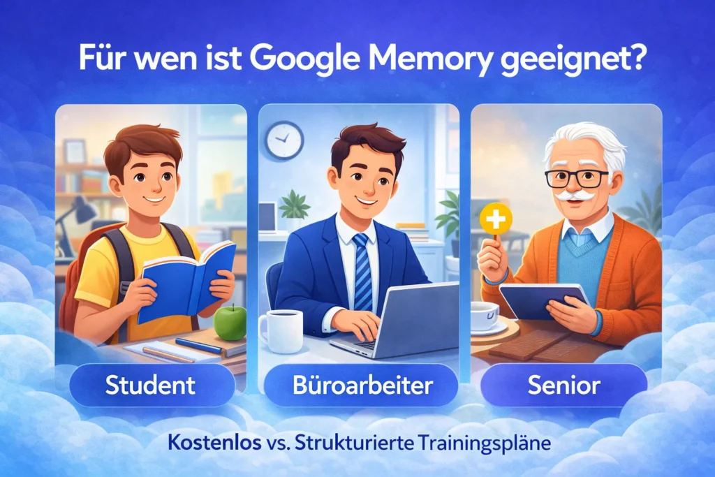 Gedächtnisspiels von Google, darunter Student, Büroarbeiter und Senior, die das Memory-Spiel nutzen.