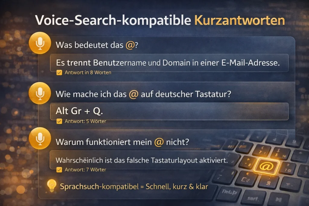 Grafik mit kurzen Antworten zu Bedeutung, Tastenkombination und Fehlerbehebung des At-Zeichens für Voice Search.