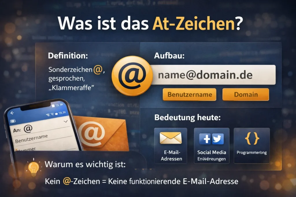 Infografik erklärt das At-Zeichen (@) mit Definition, Aufbau einer E-Mail-Adresse und Beispiel name@domain.de