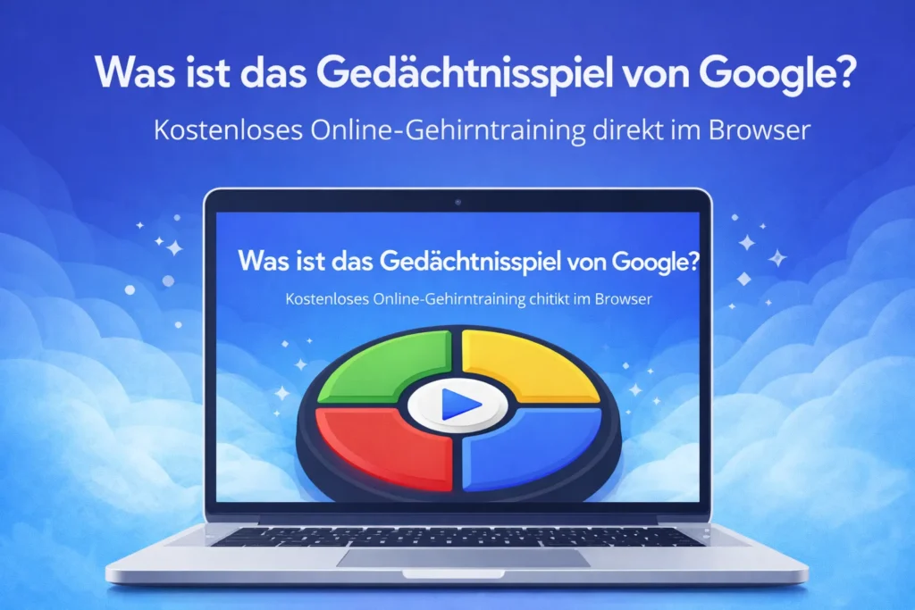 Gedächtnisspiel von Google auf einem Laptop-Bildschirm mit farbigem Memory-Kreis und dem Hinweis auf kostenloses Online-Gehirntraining im Browser.