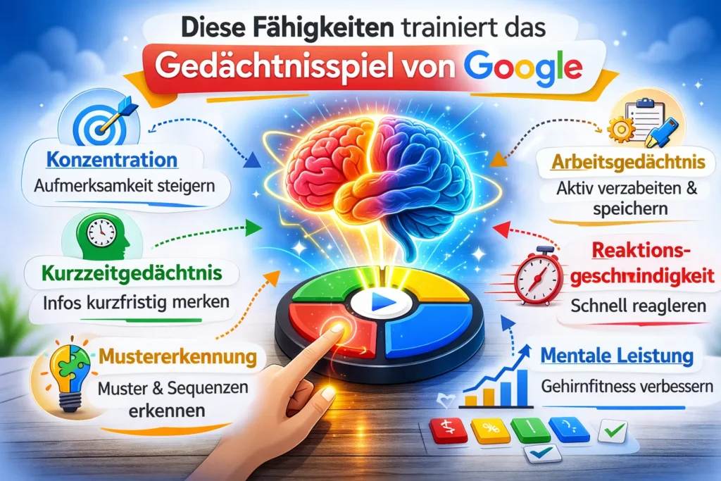 Grafik zeigt, welche kognitiven Fähigkeiten das Gedächtnisspiel von Google trainiert, darunter Konzentration, Kurzzeitgedächtnis, Arbeitsgedächtnis und Reaktionsgeschwindigkeit.