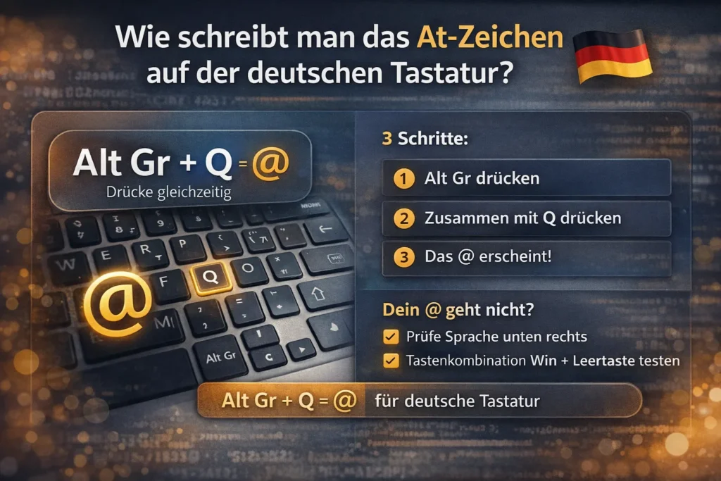 Anleitung zur Eingabe des At-Zeichens auf deutscher Tastatur mit Tastenkombination Alt Gr + Q auf QWERTZ-Layout.