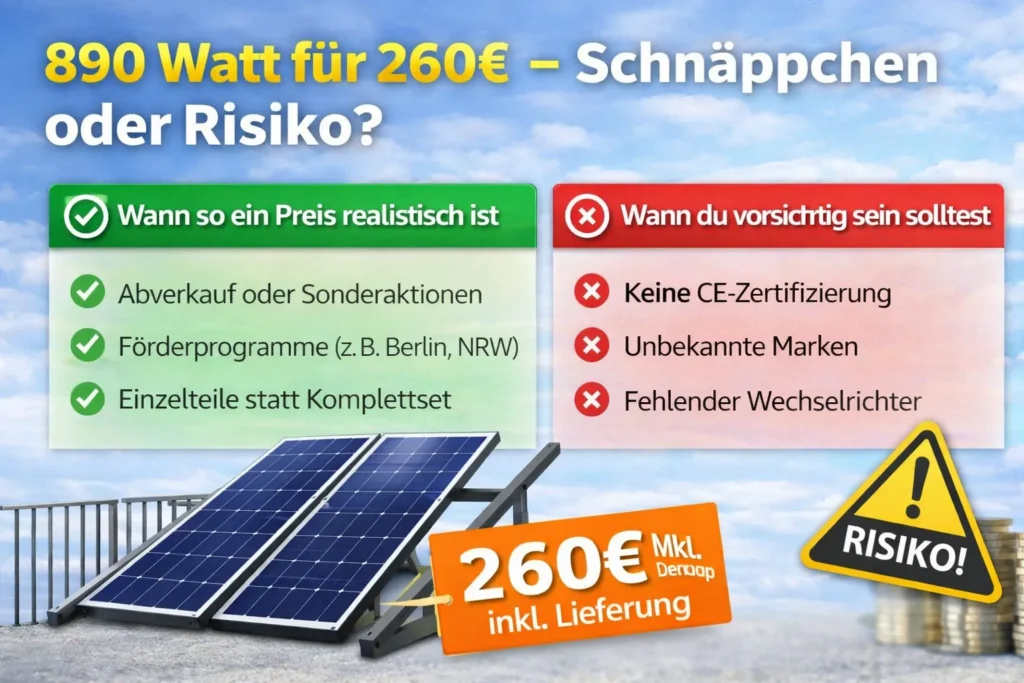 Balkonkraftwerk 890 Watt für 260 Euro – Schnäppchen oder Risiko Analyse mit Vorteilen und Nachteilen