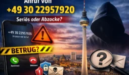 Anruf von +49 30 22957920 auf Smartphone-Display mit Warnsymbol vor Berliner Skyline – seriös oder Betrug?