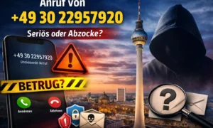 Anruf von +49 30 22957920 auf Smartphone-Display mit Warnsymbol vor Berliner Skyline – seriös oder Betrug?
