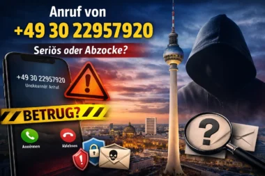 Anruf von +49 30 22957920 auf Smartphone-Display mit Warnsymbol vor Berliner Skyline – seriös oder Betrug?