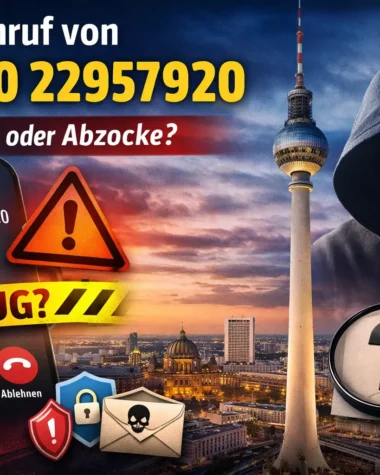 Anruf von +49 30 22957920 auf Smartphone-Display mit Warnsymbol vor Berliner Skyline – seriös oder Betrug?