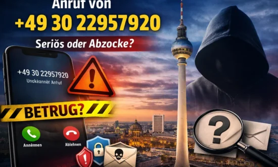 Anruf von +49 30 22957920 auf Smartphone-Display mit Warnsymbol vor Berliner Skyline – seriös oder Betrug?