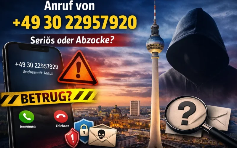 Anruf von +49 30 22957920 auf Smartphone-Display mit Warnsymbol vor Berliner Skyline – seriös oder Betrug?