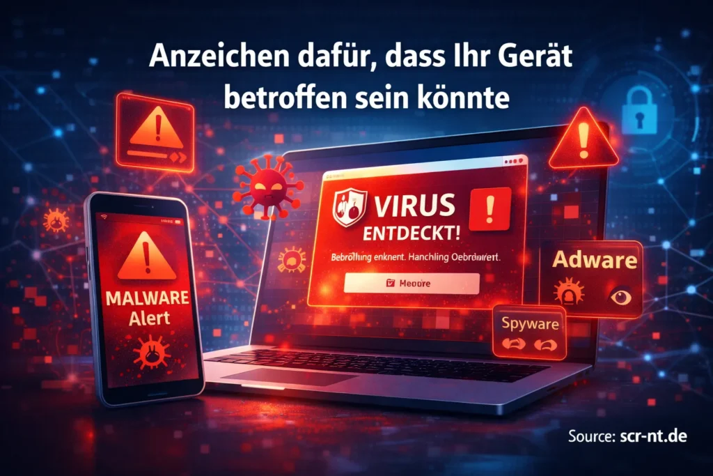 Anzeichen dafür, dass Ihr Gerät betroffen sein könnte und how to protect from kopmatelatv – Malware Warnungen auf Laptop und Smartphone (Quelle: scr-nt.de)