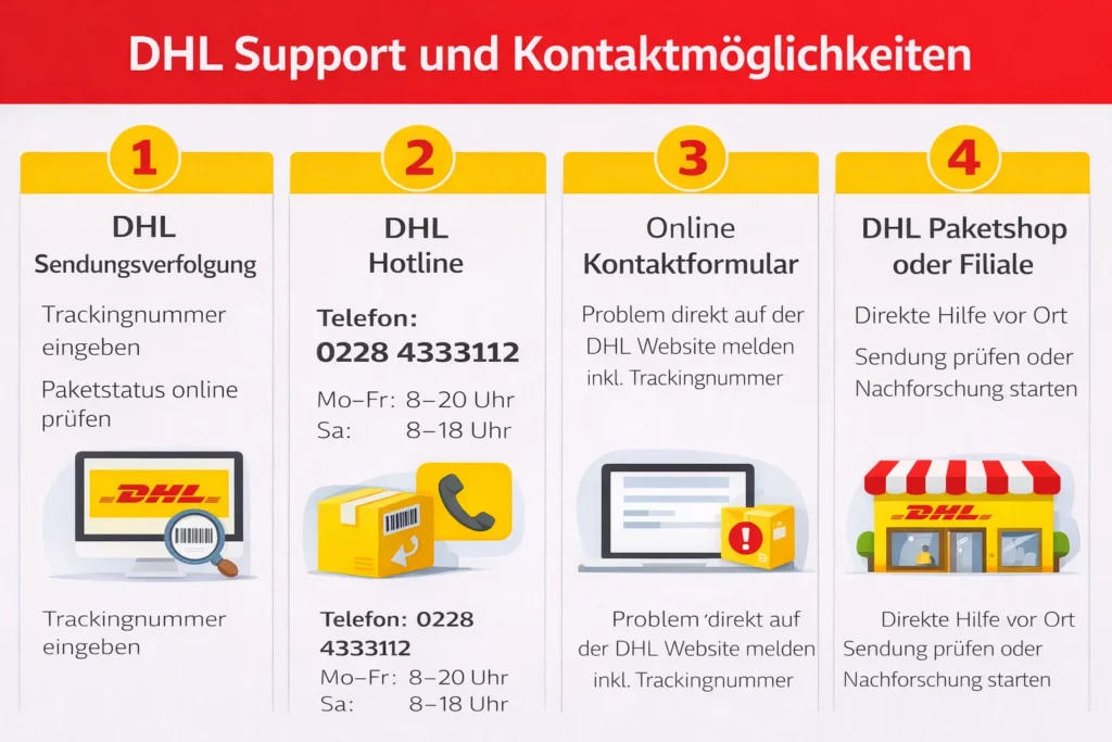 DHL Support und Kontaktmöglichkeiten – DHL Sendungsverfolgung, Hotline, Kontaktformular und Paketshop Hilfe bei Versandproblemen