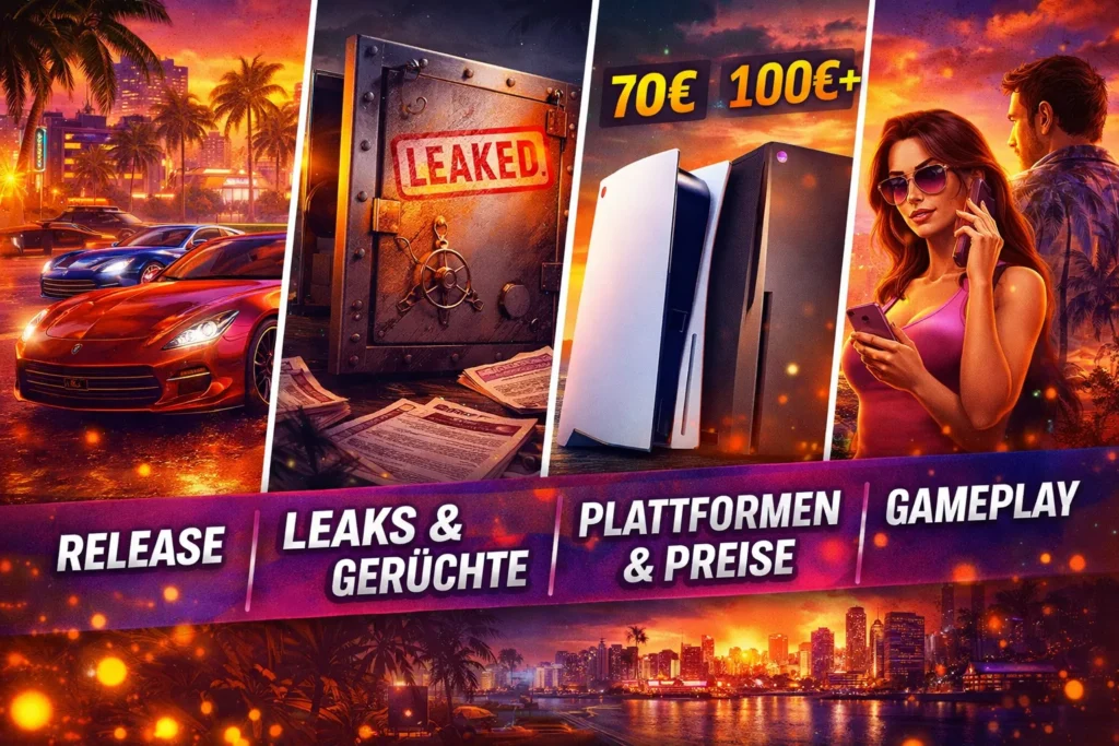 GTA 6 Übersicht Bild mit Release Infos Leaks Plattformen Preise und Gameplay Highlights