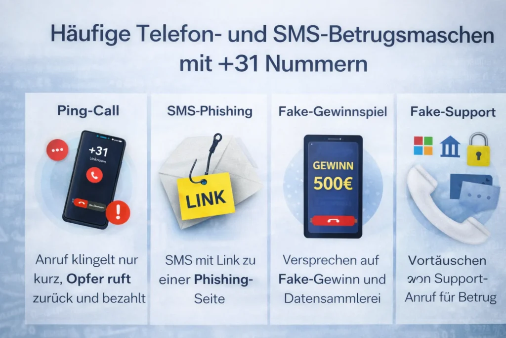 31 Vorwahl Betrugsmaschen wie Ping Call SMS Phishing Fake Gewinnspiel und Fake Support