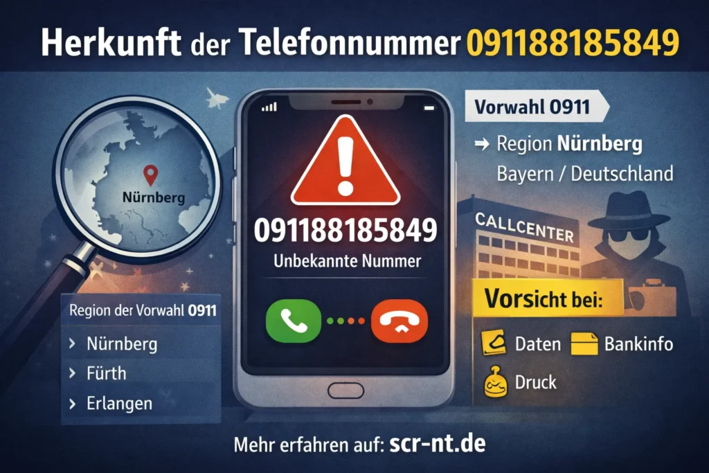 Herkunft der Telefonnummer 091188185849 mit Vorwahl 0911 aus Nürnberg Deutschland und Hinweis auf mögliche Spam- oder Betrugsanrufe