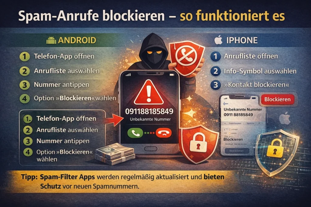 Spam-Anruf von 091188185849 blockieren Anleitung für Android und iPhone Smartphones zum Schutz vor Telefonbetrug