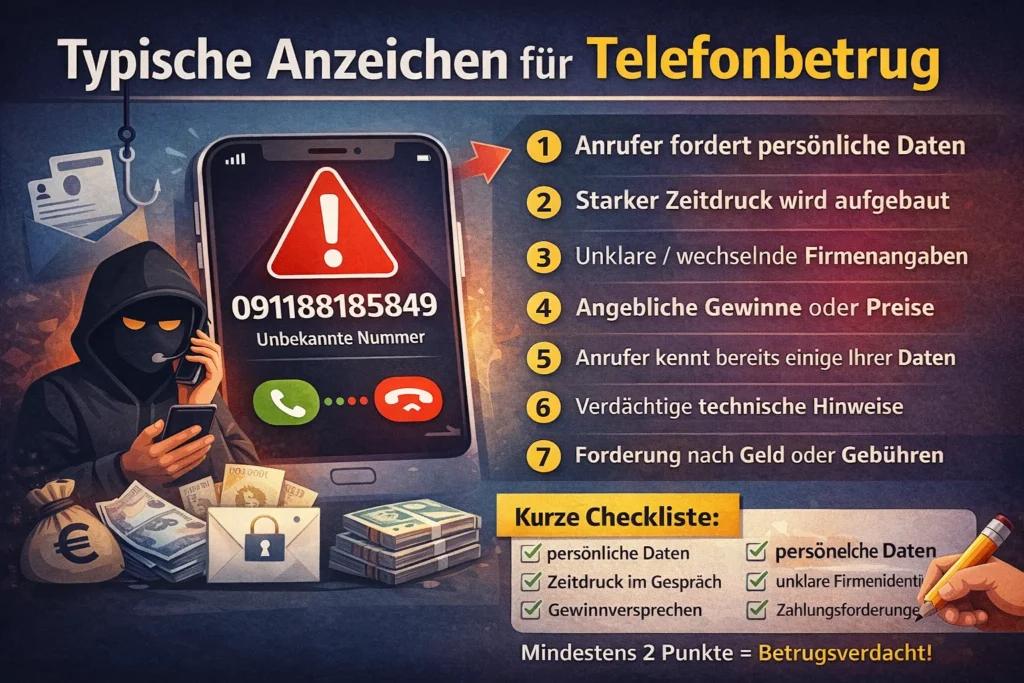 Typische Anzeichen für Telefonbetrug bei Anruf von 091188185849 wie Nachfrage nach persönlichen Daten, Zeitdruck und verdächtige Callcenter Anrufe