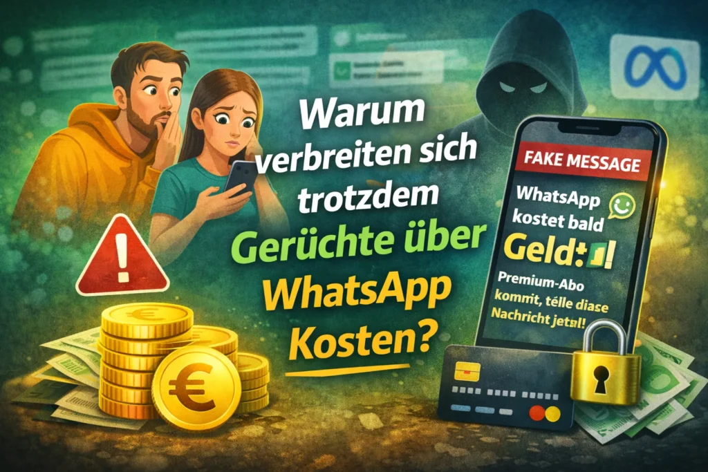 Wird WhatsApp kostenpflichtig? – Illustration zeigt Fake Nachrichten und Gerüchte über WhatsApp Kosten und Premium Abo.