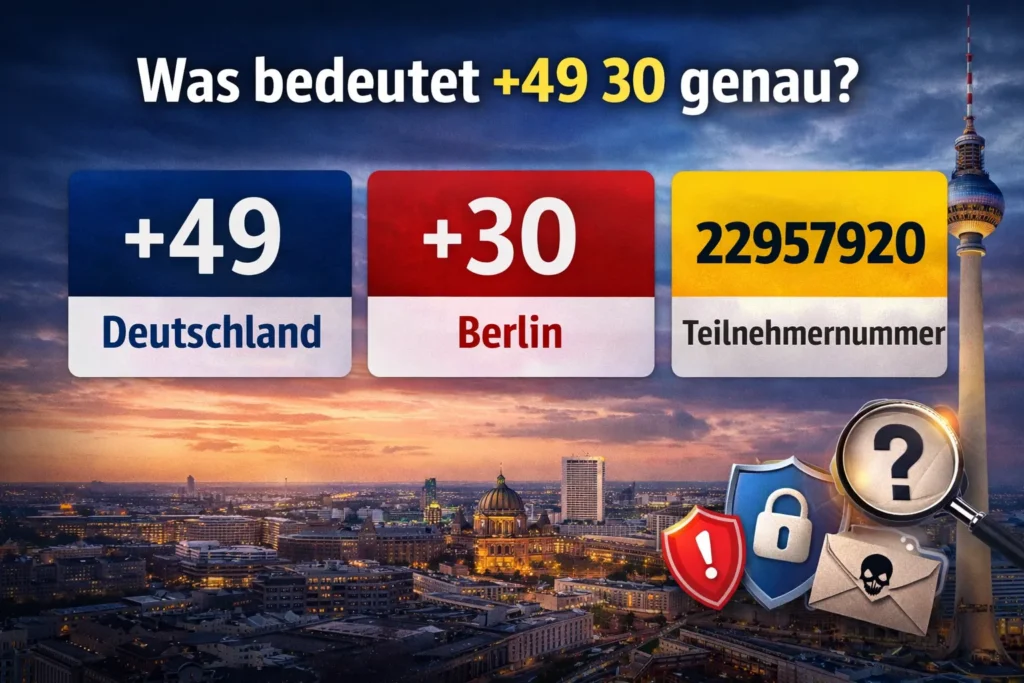 Erklärung zum Anruf von +49 30 22957920 mit Aufschlüsselung der Vorwahl +49 Deutschland und 030 Berlin.