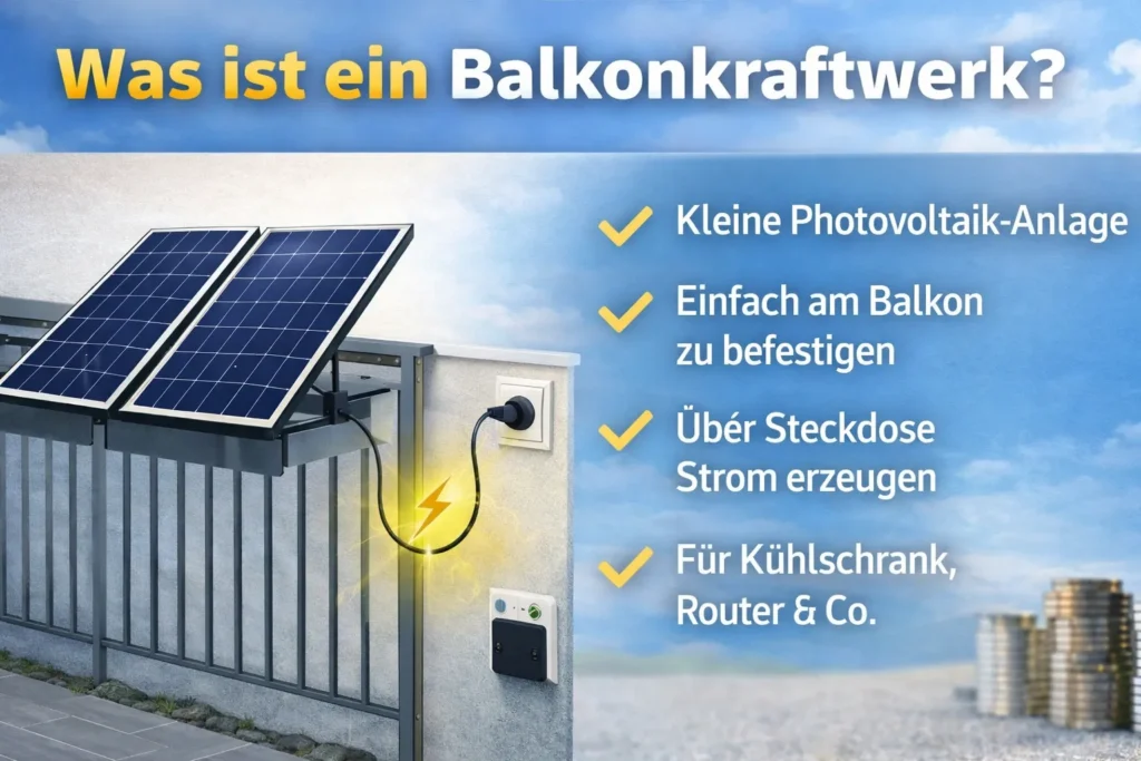 Was ist ein Balkonkraftwerk – kleine Photovoltaik Anlage für Balkon zur Stromerzeugung über Steckdose