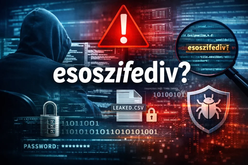 Was ist esoszifediv?“ vor digitalem Hintergrund mit Warnsymbol, Code, Datenleck-Datei und Cybersecurity-Schild.