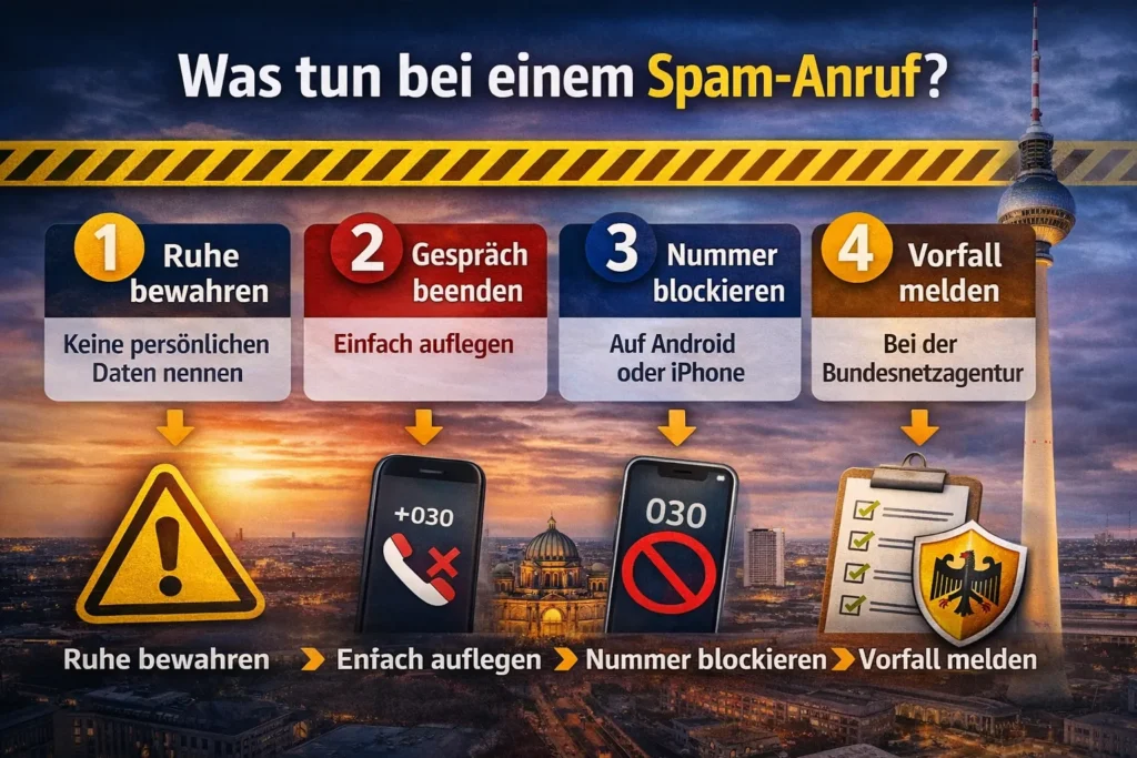 Schritte bei Anruf von +49 30 22957920: Ruhe bewahren, Gespräch beenden, Nummer blockieren und melden.