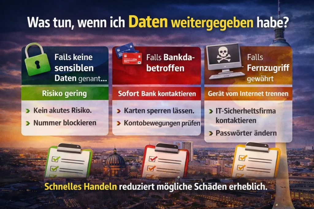 Sofortmaßnahmen nach Anruf von +49 30 22957920 bei Datenweitergabe – Bank kontaktieren und Passwörter ändern.