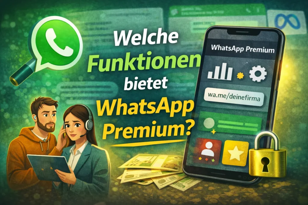 Wird WhatsApp kostenpflichtig? – Infografik zeigt wichtige Funktionen von WhatsApp Premium für Unternehmen und Business Nutzung.