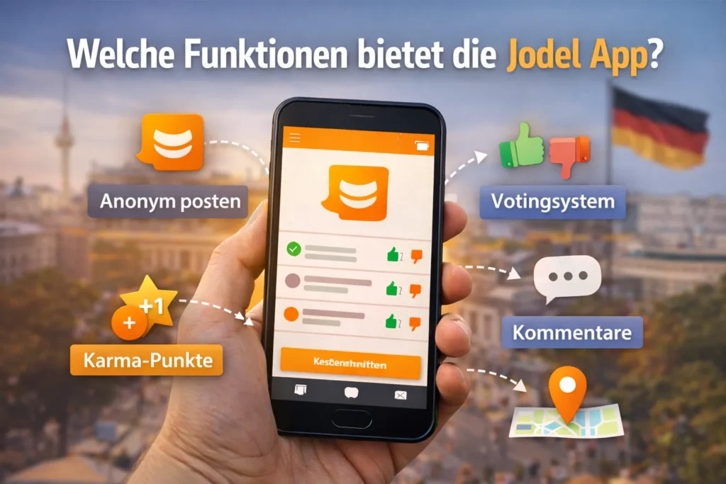 Secret German Jodel Funktionen erklärt – anonym posten, Voting System, Kommentare und Karma Punkte in der Jodel App.