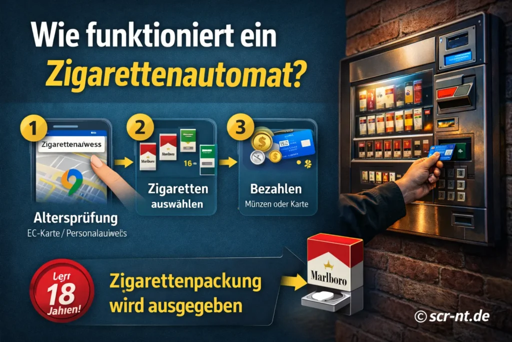 Zigarettenautomat in der Nähe – so funktioniert ein Tabakautomat mit Altersprüfung, Zigaretten auswählen und bezahlen