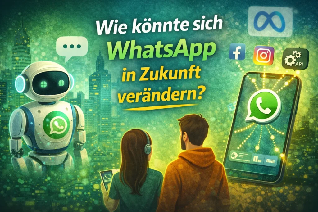 Wird WhatsApp kostenpflichtig? – futuristische Grafik über mögliche Zukunft von WhatsApp mit neuen Funktionen und KI.