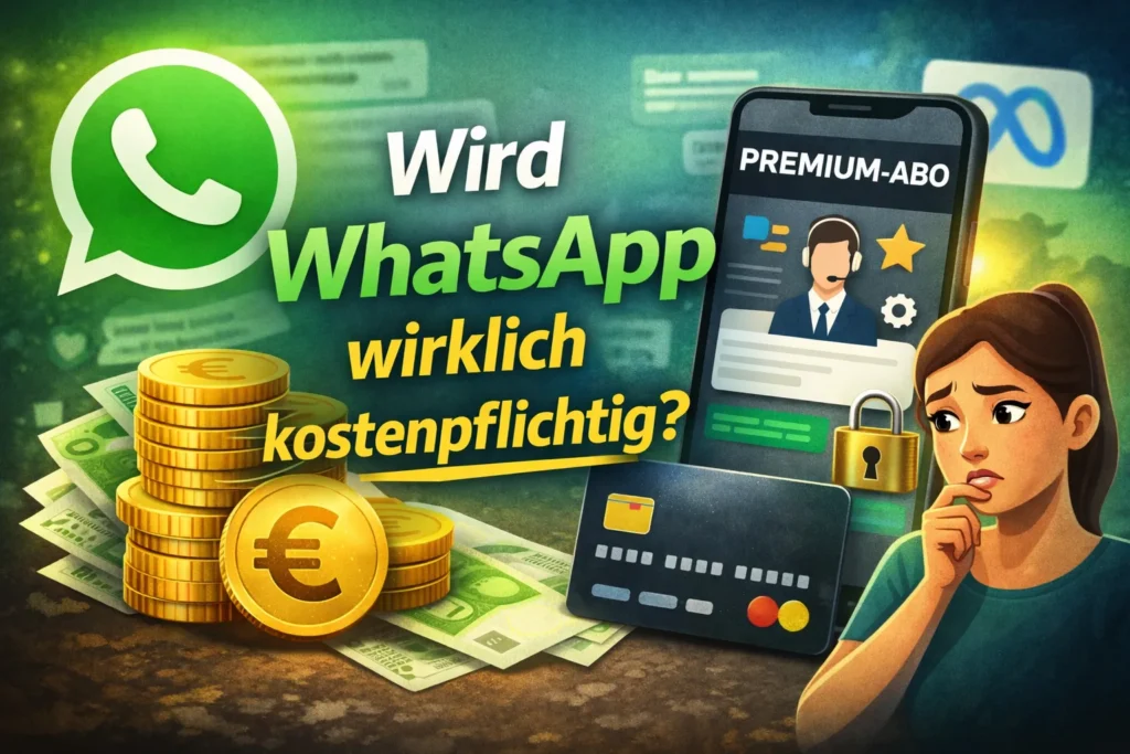 Wird WhatsApp kostenpflichtig? – Grafik erklärt ob WhatsApp wirklich kostenpflichtig wird und wie WhatsApp Premium funktioniert.