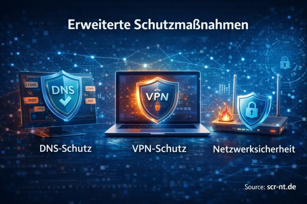 Erweiterte Schutzmaßnahmen wie DNS-Schutz, VPN-Schutz und Netzwerksicherheit erklären how to protect from kopmatelatv und andere Malware-Bedrohungen (Quelle: scr-nt.de)