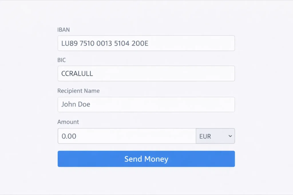 SEPA Überweisung Formular mit IBAN
LU89751000135104200E und BIC CCRALULL eingetragen