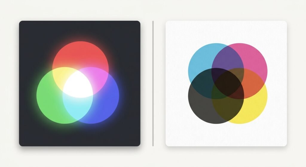 RGB vs. CMYK im Vergleich: additive Lichtfarben am Bildschirm (links) und subtraktive Druckfarben CMYK auf Papier (rechts) – Bildschirm- gegen Druckfarbraum.