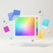 Google Farbwähler Feature-Bild: Color-Picker-Panel mit Regenbogen-Farbverlauf, Hue-Slider und schwebenden Farbmustern für HEX-, RGB-, HSL- und CMYK-Werte.