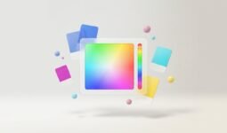 Google Farbwähler Feature-Bild: Color-Picker-Panel mit Regenbogen-Farbverlauf, Hue-Slider und schwebenden Farbmustern für HEX-, RGB-, HSL- und CMYK-Werte.