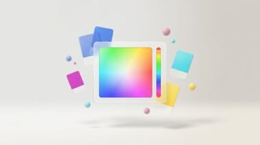Google Farbwähler Feature-Bild: Color-Picker-Panel mit Regenbogen-Farbverlauf, Hue-Slider und schwebenden Farbmustern für HEX-, RGB-, HSL- und CMYK-Werte.