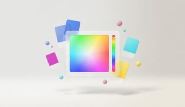 Google Farbwähler Feature-Bild: Color-Picker-Panel mit Regenbogen-Farbverlauf, Hue-Slider und schwebenden Farbmustern für HEX-, RGB-, HSL- und CMYK-Werte.